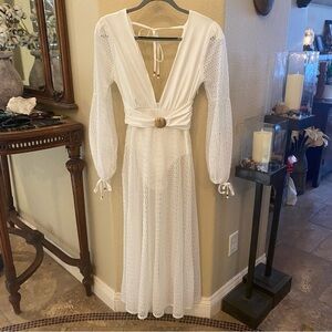 BANDIT AND THE BABE White Plunge Long Sleeve Beach Dress w/ Gold Accent-Large